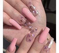Coffin False Nails Long Fake Nails Butterfly Press on Nails Ballerina Acrylic Full Cover Stick on Nails 24pcs for Women and Girls(Pink)