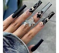 Coffin False Nails Long Fake Nails Press on Nails Bellarina Acrylic Stick on Nails 24pcs for Women and Girls (Color : Black, Size : Free size)