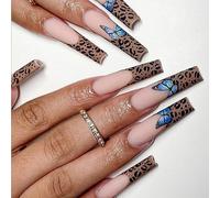 Coffin False Nails Long Fake Nails Wave Line Press on Nails Bellarina Acrylic Stick on Nails 24pcs for Women and Girls(Leopard)