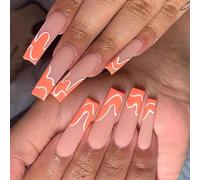 Coffin False Nails Long Fake Nails Wave Line Press on Nails Bellarina Acrylic Stick on Nails 24pcs for Women and Girls(Orange)