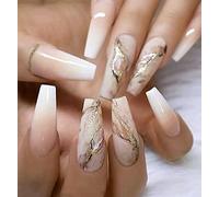 Coffin False Nails Marble Long Fake Nails Gold Foil Press on Nails Ballerina Acrylic Stick on Nails 24pcs for Women and Girls, with solid glue, nail lamp (Color : Pink, Size : 26 Piece Set)