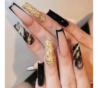Coffin False Nails Marble Long Fake Nails Gold Foil Press on Nails Ballerina Acrylic Stick on Nails 24pcs for Women and Girls, with solid glue, nail lamp (Color : Black, Size : 26 Piece Set)