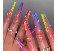Coffin False Nails Pride Day Rainbow Long Fake Nails French Press on Nails Ballerina Acrylic Stick on Nails 24pcs for Women and Girls