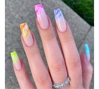 Coffin False Nails Rainbow Press on Nails Short Fake Nails Color Bloom Ballerina Acrylic Stick on Nails 24pcs for Women and Girls(Colorful,24 Count (Pack of 1))