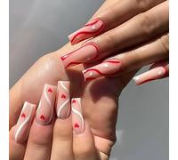 Coffin False Nails Valentine's Day Heart Press on Nails Pink Long Fake Nails Ballerina Acrylic Stick on Nails 24pcs for Women and Girls(Hearts)