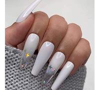 Coffin False Nails White Long Fake Nails Star Glitter Press on Nails Ballerina Acrylic Stick on Nails 24pcs for Women and Girls