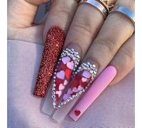 Coffin Long False Nails Heart Press on Nails Rhinestone Stick on Nails Ballerina Acrylic Fake Nails 24pcs for Women and Girls