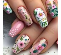 Coffin Press On Nails 24Pcs Primavera Fiore Lucido Coperture Piene Stick On Unghie Manicure Artificiale Accessori Elegante Nail Tips