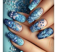 Coffin Press On Nails Unghie Finte Blu Francese Unghie Artificiali Farfalla Acrilico Unghie 24Pcs Stick On