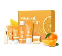 Coffret de soins visage à la vitamine C : kit de soins visage quotidiens, hydratant et anti-pores, routine éclat quotidien | nettoyant, tonique, sérum, crème contour des yeux, crème visage, 6 pièces