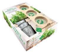 Coffret Herbes Aromatiques: Contient : 1 suspension en bois et 2 cordelettes pour l'accrocher au mur, 3 pots en fer, 3 sachets de graines à planter et 1 livre