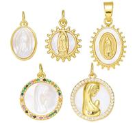 COGCHARGER 5 ciondoli cristiani dorati della Vergine Maria con cristalli religiosi, gioielli in ottone con zirconi per bracciali, collane, orecchini, fai da te