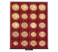 Coin box with 20 compartments, each 50 mm [Lindner 2722], e.g. for Münzenrähmchen 50x50 mm, Octos - Version: "Smoked Glass" drawer / Dark red insert