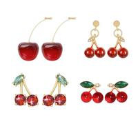 Coiris 4 orecchini da donna a forma di ciliegia, con ciondolo a forma di frutta, placcati in oro 18 carati, stile vintage, con cristalli 3D, a forma di foglia, set di gioielli regalo per le donne