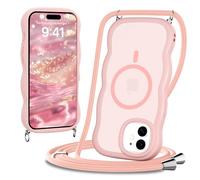 Coiwxmoi Cover Magnetica per iPhone 12/12 Pro Custodia con Cordino Laccio, Compatibile con Magsafe Cornice Ondulata Forma Traslucida Opaca Cover Silicone Protettiva Antiurto Antigraffio Case, Rosa