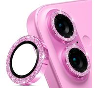 Coiwxmoi Protezione Fotocamera per iPhone 16/16 Plus,Glitter Posteriore Copri Telecamera Pellicola Vetro Camera Proteggi Obiettivo HD Trasparente Durezza 9H Anti-graffio Bling Lente,Rosa