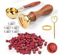 CoKeeSun 200 Perline di Ceralacca Rossa Ottagonale, Kit Con 5 Candele, Cucchiaio per Sciogliere, Timbro Sigillo per Inviti, Buste, Biglietti