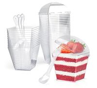CoKeeSun 30 Pezzi Tazze Bicchieri da Dessert con Coperchio e Cucchiaio, 7 oz/200 ml Coppette da Dessert Quadrate, Plastica Bicchierini Finger Food, Riutilizzabili Monoporzione Budini Mousse Tiramisù