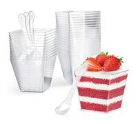 CoKeeSun 30 Pezzi Tazze Bicchieri da Dessert con Cucchiaio, 8.4 oz/240 ml Coppette da Dessert Quadrate, Plastica Bicchierini Finger Food, Riutilizzabili Monoporzione Budini Mousse Tiramisù