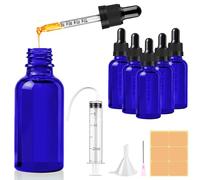CoKeeSun 5 Pezzi 30ml Boccette Vetro Contagocce, Blu Bottiglie Contagocce, Riutilizzabili Flacone Contagocce con Pipette Mbuto, Siringa, Etichetta per Oli Essenziali Profumi Laboratorio
