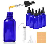 CoKeeSun 5 Pezzi 50ml Boccette Vetro Contagocce, Blu Bottiglie Contagocce, Riutilizzabili Flacone Contagocce con Pipette Mbuto, Siringa, Etichetta per Oli Essenziali Profumi Laboratorio
