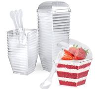 CoKeeSun 50 Pezzi Tazze Bicchieri da Dessert con Coperchio e Cucchiaio, 115 ml/4oz Coppette da Dessert Quadrate, Plastica Bicchierini Finger Food, Riutilizzabili Monoporzione Budini Mousse Tiramisù