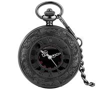 CokinkiDs Orologio da tasca vintage scheletrato, unisex, quadrante con numeri romani, orologio da taschino al quarzo con catena, regalo steampunk per padre/lui/lei, Nero , Orologio da tasca con