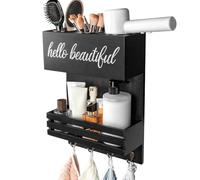 Cokritsm Porta Phon da Parete in Legno con Gancio - Porta Asciugacapelli e Piastra per Capelli - Organizer Bagno Multiuso per Trucco, Spazzole e Accessori - Nero