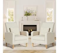 COLAMY Set di 2 sedie da soggiorno con braccioli imbottiti in tessuto, poltrona laterale da lettura, divano singolo con cuscino posteriore e gambe in legno, beige