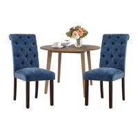 COLAMY Set di 3 pezzi tavolo da pranzo allungabile per 2, tavolo rotondo da cucina in legno da 91,4 cm con 2 sedie trapuntate, marrone chiaro/blu