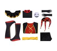 Colcolo Costume Clown Spettacolo Completo Cosplay Abito Giullare Maschera Viso Sorridente Cappuccio con Campanelli Pannelli a Contrasto Punta Adatto per Palco, Rosso, XXXL