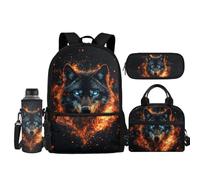 Coldinair Wolf Kids Bookbag per ragazzi 8-10 4 pezzi Zaino per la scuola per bambini Set leggero 43,2 cm Zaino Mochilas Escolares Para NiñOs Teen Boys Zaino con Lunch Box Borsa Bottiglia d'acqua