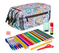 ColePack Design - Astuccio portapenne triplo con 3 cerniere e materiale scolastico di prima marca incluso, Casuale, Borse scolastiche