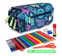 ColePack Design - Astuccio portapenne triplo con 3 cerniere e materiale scolastico di prima marca incluso, Beach, Scuola