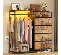 Coleshome Cassettiera Camera da Letto con Appendiabiti, con a LED e Presa di Corrente, Design Reversibile con 6 Cassetti, Comò in Tessuto per Camera da Letto e Soggiorno, 110 x 30 x 106 cm, Vintage