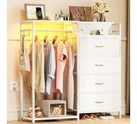 Coleshome Cassettiera Camera da Letto con Appendiabiti, con a LED e Presa di Corrente, Design Reversibile con 6 Cassetti, Comò in Tessuto per Camera da Letto e Soggiorno, 110 x 30 x 106 cm, Bianco