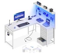 Coleshome Scrivania Gaming con LED, 130 x 100 cm Reversibile Tavolo Gaming con Cassetti e Prese, Scrivania Angolare con Ripiani e spazio di archiviazione, Bianco
