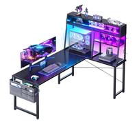 Coleshome Scrivania Gaming con LED, 150x100cm Scrivania Angolare Gaming Reversibile con Scaffale, Scrivania ad Angolo con Borsa Portaoggetti, Nero