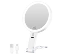 Colexy Specchio Ingranditore 30X/1X a Doppio Lato, Specchio Trucco con Luci LED, Luminosità Regolabile a 3 Colori, Specchi da Tavolo Pieghevole con Foro per Appendere, Ricaricabile e Portatile