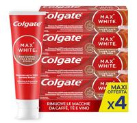 Colgate Max White, Dentifricio Sbiancante Per Caffè e Tè, 4x75 ml | Rimuove fino al 100% delle macchie superficiali, Protegge lo smalto dai tannini, Ideale per fumatori e bevitori di caffè