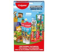 Colgate Set regalo per bambini Minecraft con spazzolino da denti e dentifricio per bambini, include spazzolino a batteria a tema Minecraft, 2 dentifricio al fluoro aromatizzato Bubblegum e 2