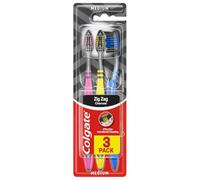 Colgate ZigZag - Spazzolino da denti manuale con setole medie, confezione da 3, con setole incrociate multiangolari, collo flessibile per il comfort delle gengive e la pulizia della lingua