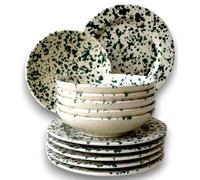 Colì, Servizio di Piatti 12 Pezzi, Servizio Piatti 6 Persone, Servizio Piatti Colorati, Dipinto a Mano, Disegno Verde Ramina, Servizio da Tavola per 6 Persone
