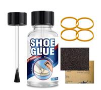 Colla per Scarpe 30ml con Pennello Integrato, Kit Riparazione Calzature Trasparente e Impermeabile, Adesivo Forte per Scarpe da Ginnastica, Suole, Cuoio, Gomma, Include 4x Elastici e 2x Carta Vetrata