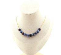Collana 10 Perle Diaspro Blu 8 Mm. Catena IN Acciaio Dorato Inossidabile Femm