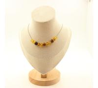Collana 11 Perle Di Ambra Vera Del Mare Baltico + Legno 8 Mm Catena In Acciaio