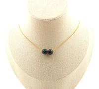 Collana 2 Perle Malachite Del Congo Qualità 7A 8 Mm. Catena IN Acciaio Fe