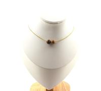 Collana 2 Perline Legno 8 Mm. Catena IN Acciaio Dorato Inossidabile Donne, Hom
