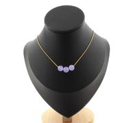 Collana 3 Perle Calcedonio Lavanda 8 Mm. Catena IN Acciaio Dorato Collana Donne