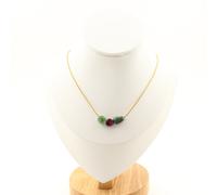 Collana 3 Perle Epidote Del Myanmar. Catena In Acciaio Dorato Collana Fe